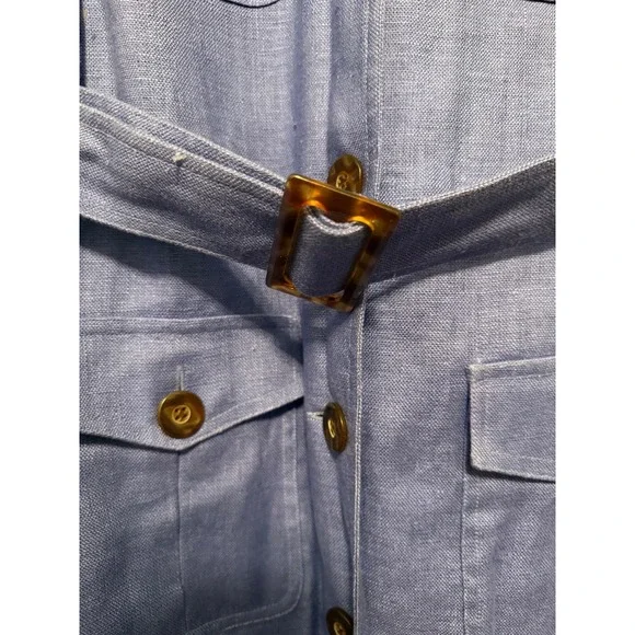 Maggy London Petties Sleeveless Belted Shirt Dress Blue Size 12 100% Linen - Picture 6 of 13